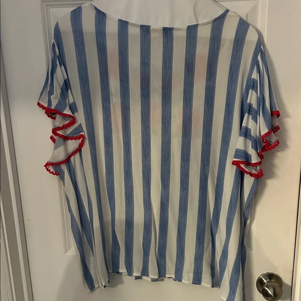 ANDREE BY UNIT Blue and White Striped Blouse with Red Floral Embroidery - Picture 6 of 8